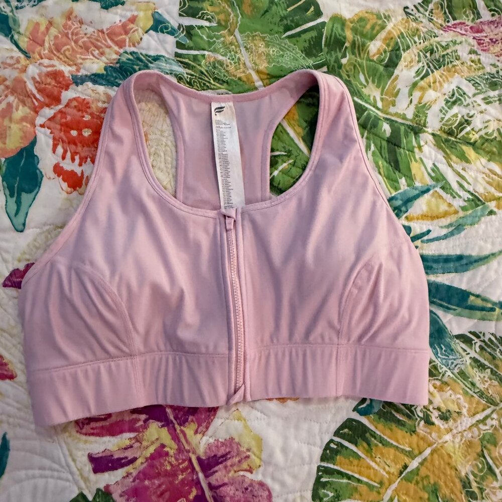 Fabletics On-The-Go Front Zip Medium Impact Sports Bra Sugar Pink Size Large - Picture 3 of 11
